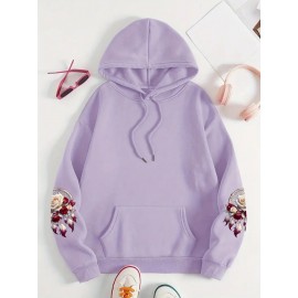 Plus Size - Women'S Plus Size Floral Print Hoodie - Soft, Comfortable Long Sleeve with Pockets, Casual Brown Pullover for All-Season Wear, Casual Wear Hoodie | Floral Print Hoodie | Soft Fabric Hoodie