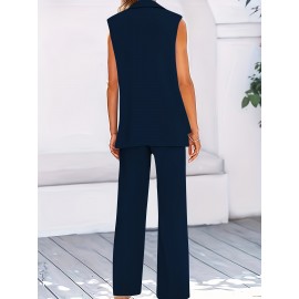 Plus Size Elegant Plain Suit Set, Single Breasted Sleeveless Vest & Straight Leg Pants Outfits, Women's Plus Size Clothing