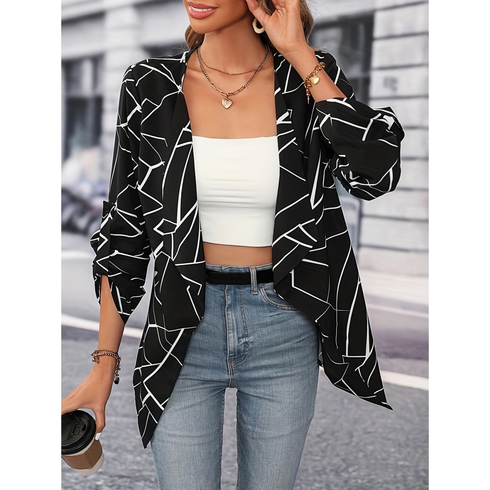 Plus Size Women Casual Roll Tab Sleeve Open Front Blazer