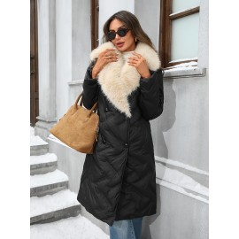 Plus Size - Women'S Plus Size Winter Coat - Thick Warm Long Jacket with Lapel Collar, Non-Stretch Fabric, Button Front Closure, Casual Elegant Outerwear For Fall & Winter (machine Washable) - Solid Color, Plus Size Winter Coats For Women